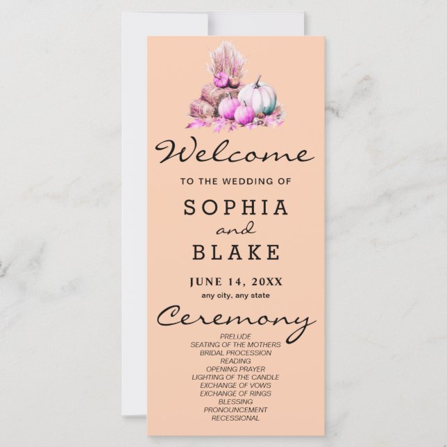 Bröllopsprogram för rosa och vitpumpor, fallande O (Framsida)