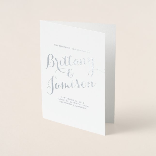 Bröllopsprogram för silverfolkalligrafi, typografi folierat kort (Framsida)