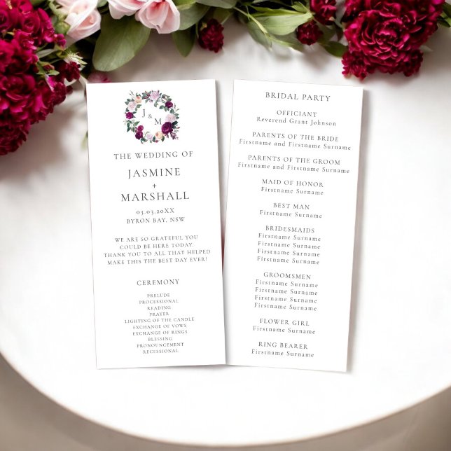 bröllopsprogram för snyggt av burgundisk blommigt  (wedding program burgandy floral monogram )