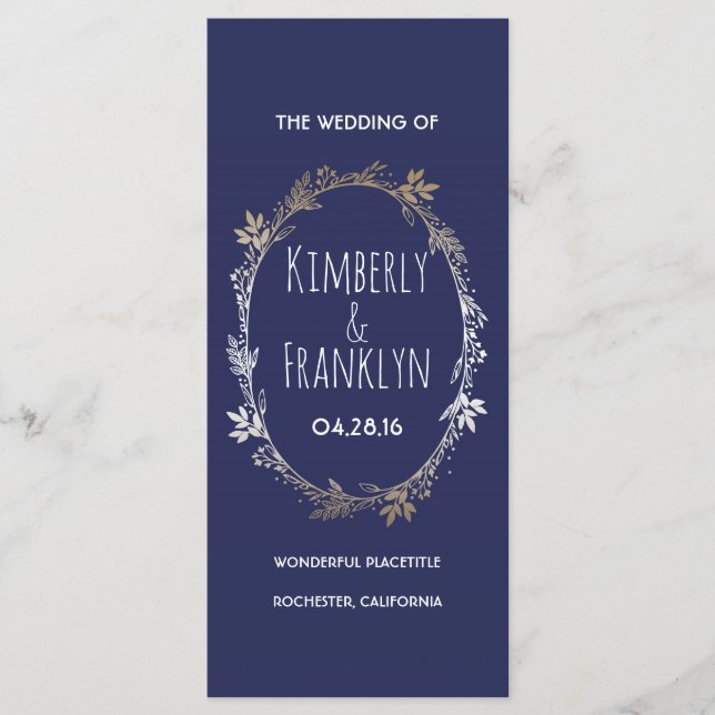 Bröllopsprogram för utandning av marin och Guld Bl Program (Framsida)