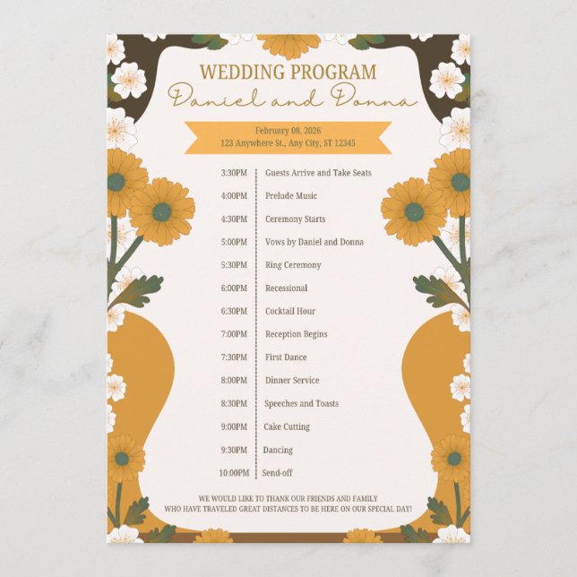 Bröllopsprogram – Gul och vit blomsterkant Des Program (Framsida)