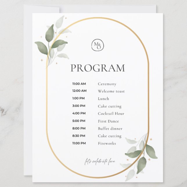 Bröllopsprogram – Guld Båge & Grön Botanisk Design (Framsida)