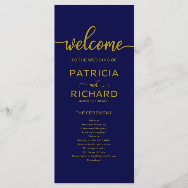 Bröllopsprogram Guld Marinblå Program (Framsida)
