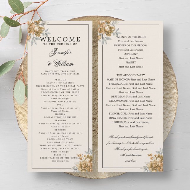 Bröllopsprogram Guld Naturlig Rustik Blommig Inbjudningar (Wedding Program Gold Natural Rustic Floral)