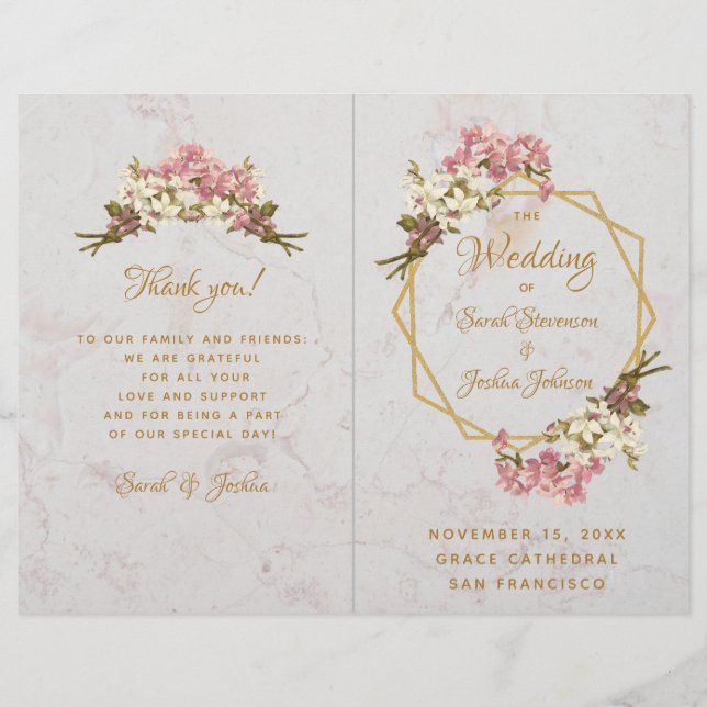 Bröllopsprogram Guld Rosa Orkidéer Marmor Geometri (Framsida)