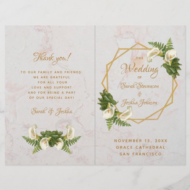 Bröllopsprogram Guld White Marble Calla Lilies (Framsida)