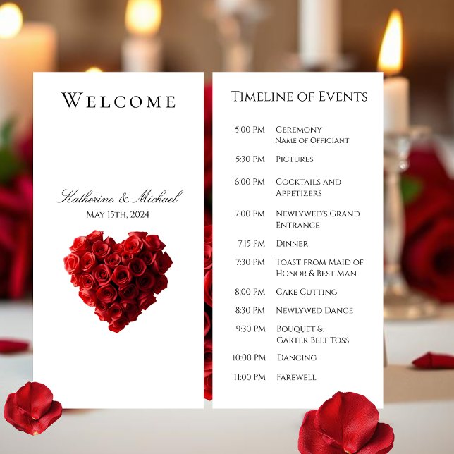 Bröllopsprogram-Hjärta Formade Röda Rosor- (Wedding Program-Heart Shaped Red Roses-)