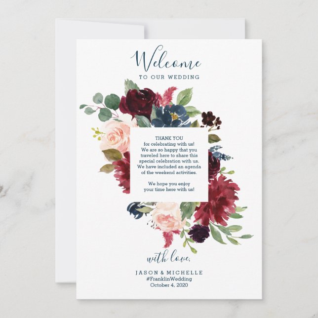 Bröllopsprogram Hotell Välkomstbrev - Burgundy Inbjudningar (Framsida)