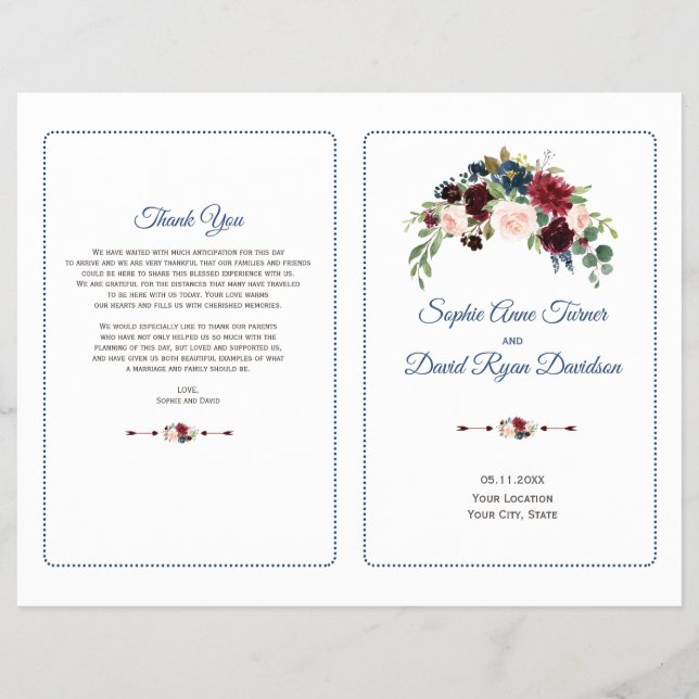 Bröllopsprogram i vinröd marsalablomning med rosen (Framsidan)