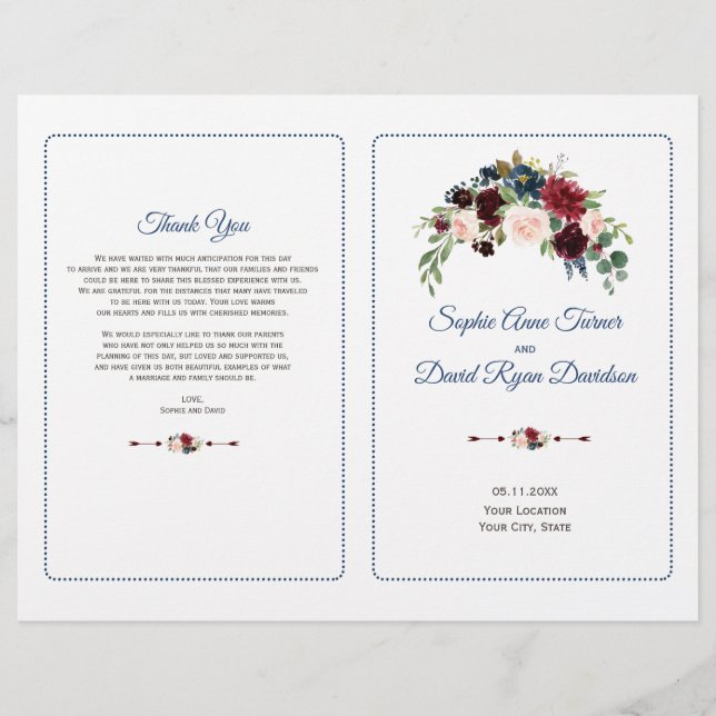 Bröllopsprogram i vinröd marsalablomning med rosen (Framsidan)