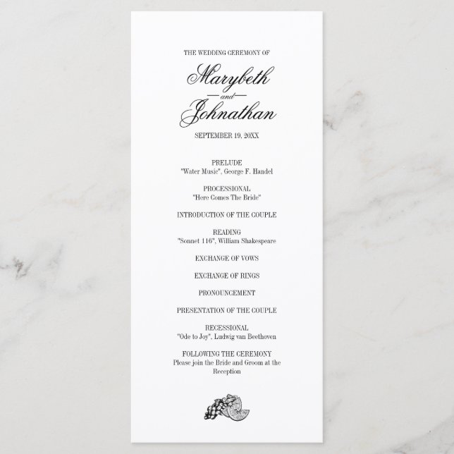 Bröllopsprogram-kort för hålrum och kalligrafi program (Framsida)