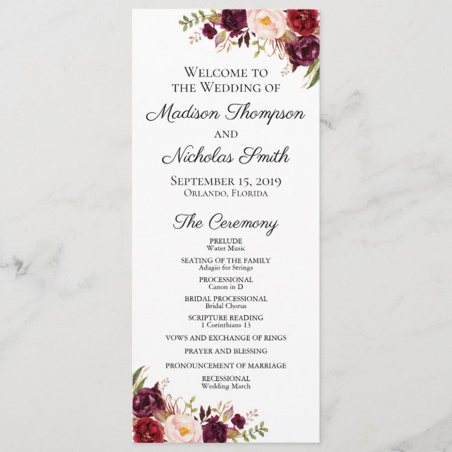 Bröllopsprogram-kort med Marsala & Rosa Flowers Program (Framsida)