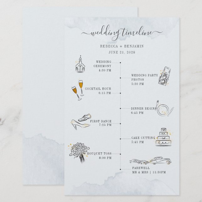 Bröllopsprogram med moderna ikoner för budgetbröll brevpapper (Fram/baksida)