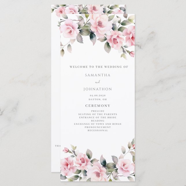 Bröllopsprogram med platta kort för elegant Rosa B (Fram/baksida)