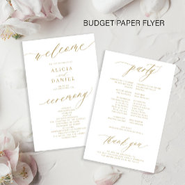 Bröllopsprogram med romantisk guldtypografi på bud