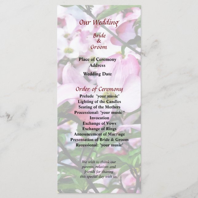 Bröllopsprogram med rosa blommande körsbärsträd program (Framsida)