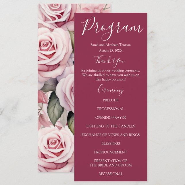 Bröllopsprogram med rosa och vita rosor meny (Fram/baksida)