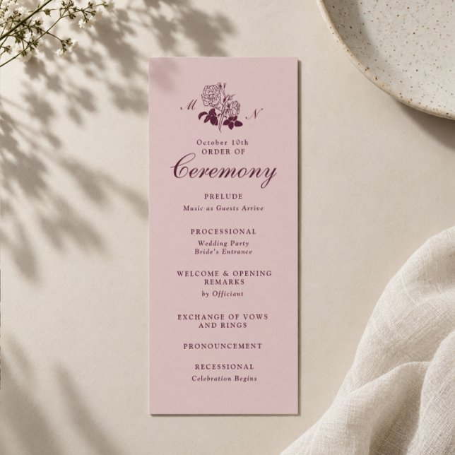 Bröllopsprogram med rosaburgunder vinmonogram inbjudningar (Skapare uppladdad)