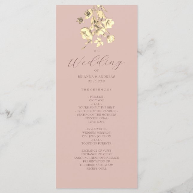 Bröllopsprogram med roséguld och blommor program (Framsida)