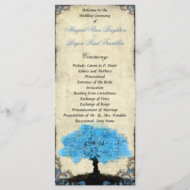 Bröllopsprogram med silhuett av par och träd i vin program (Framsida)