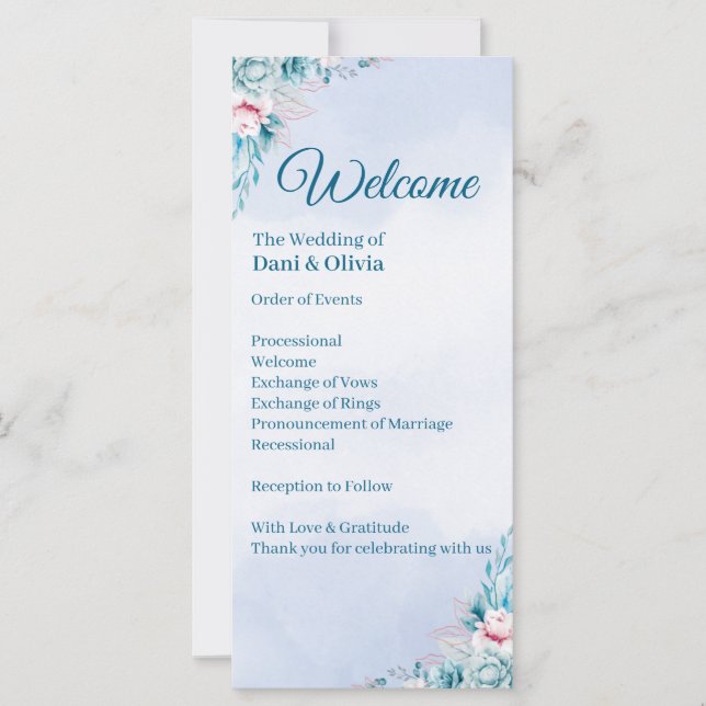 Bröllopsprogram med teal blomsterdekoration för vi (Framsida)