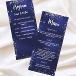 Bröllopsprogram middag Meny navy blue silver<br><div class="desc">Bröllopsmottagningsprogram och -meny. Anpassa och lägg till ditt namn,  ditt program och menyn. Tungt blå bakgrund,  vit text. Den blå färg är ojämn. Dekorerad med faux silver glitter,  gnistor. Tillbaka: Lägg till firande-menyn.</div>