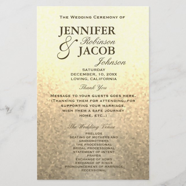 Bröllopsprogram | Mjukt utseende Guld Glitter (Framsida)