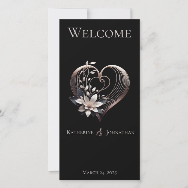 Bröllopsprogram-Modern Rosa Heart med blommor (Framsida)