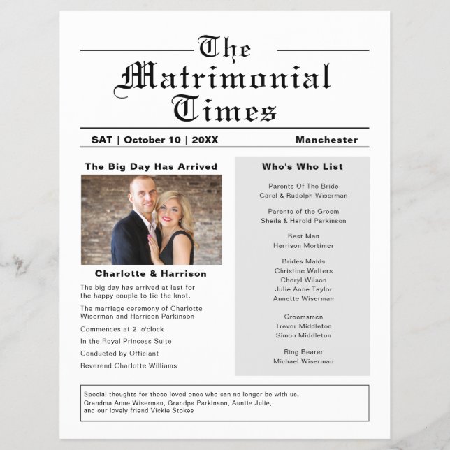 Bröllopsprogram Nyhets Tidning Stil Flyer (Framsidan)