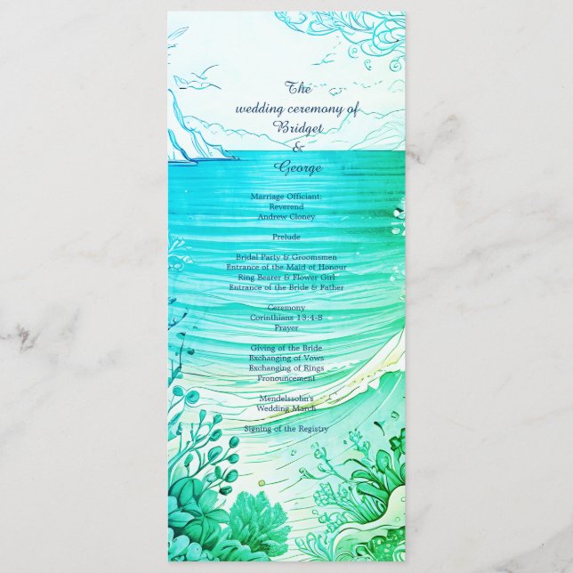 bröllopsprogram och meny för blå kustvy (Baksida)