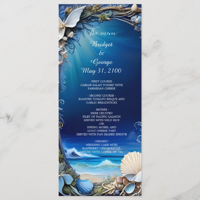 bröllopsprogram och meny för blå kustvy (Framsida)