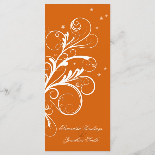 Bröllopsprogram Orange Vit Blommigt Elegant Swirl Program (Framsida)