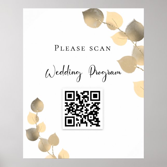 Bröllopsprogram QR kod eucalyptus golden Poster (Framsidan)