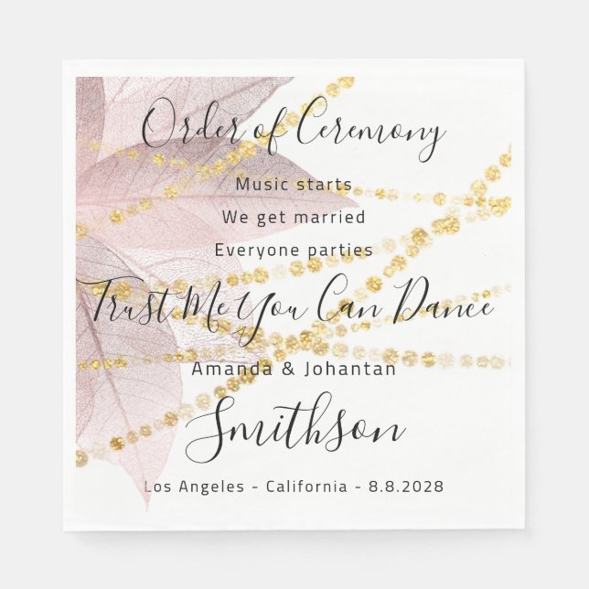 Bröllopsprogram Ro Blommigt citattecken Guld Pappersservett (Framsidan)