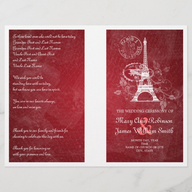 Bröllopsprogram Romantic Paris Red (Framsida)