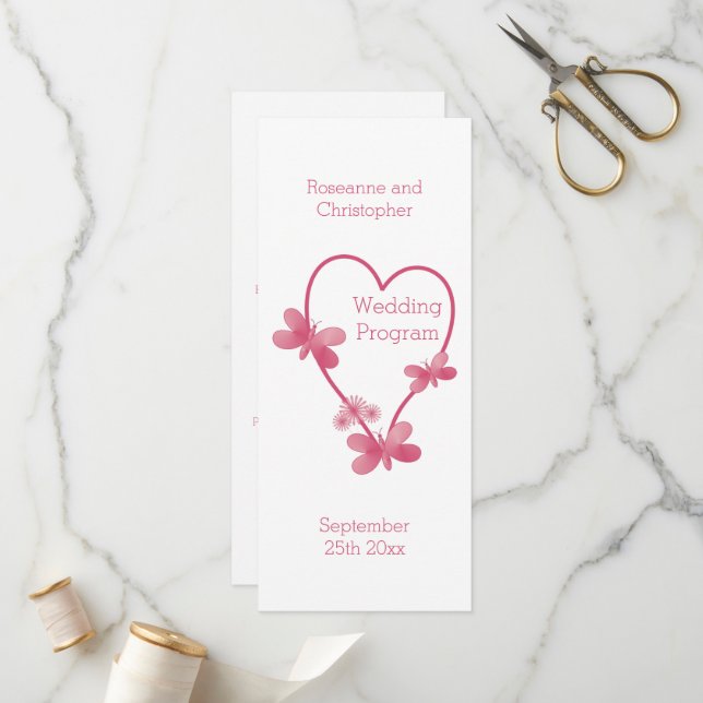 Bröllopsprogram Rosa Hjärta och fjärilar Program (Fram/Back In Situ)