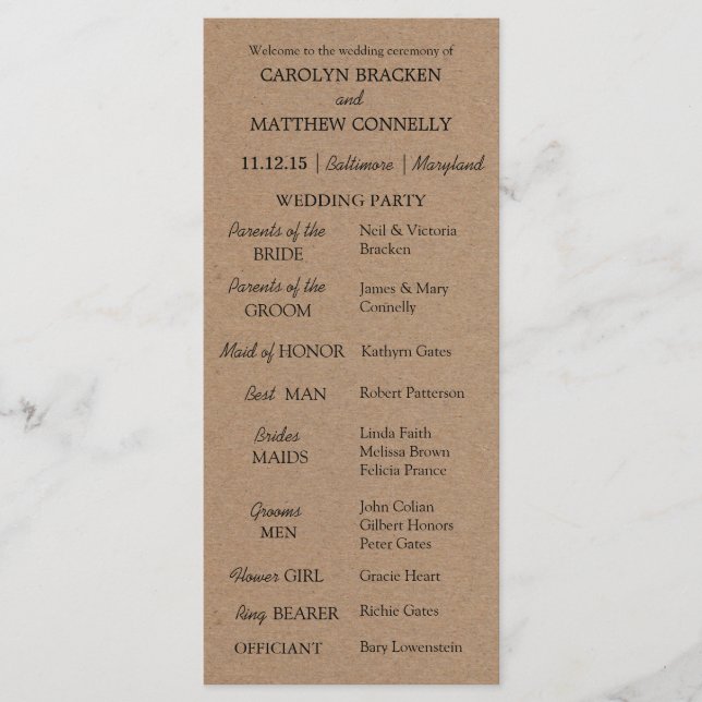 Bröllopsprogram | Rustic Kraft Papper Program (Framsida)