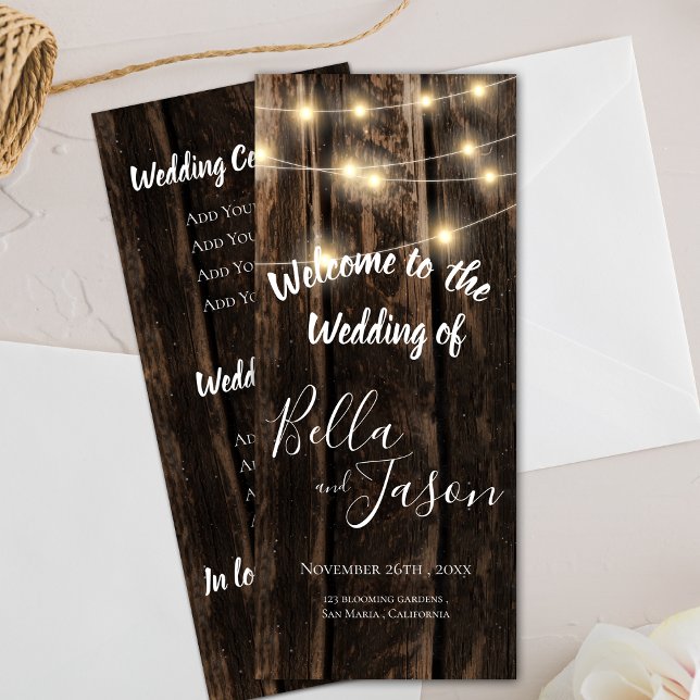 Bröllopsprogram | Rustiskt trä med sträng Ljus Inbjudningar (Wedding Program | Rustic Wood With String Lights)