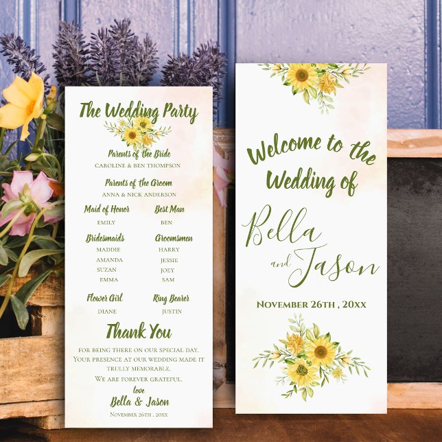 Bröllopsprogram Solrosfärg Gult Cute Watercolor Inbjudningar (Wedding Program Sunflower Yellow Cute Watercolor)