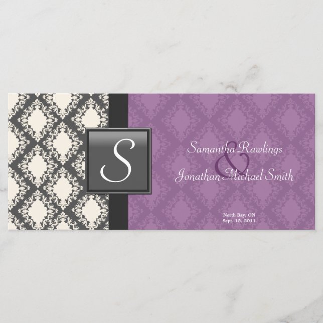 Bröllopsprogram - svart, vit mosse Monogram Program (Framsida)