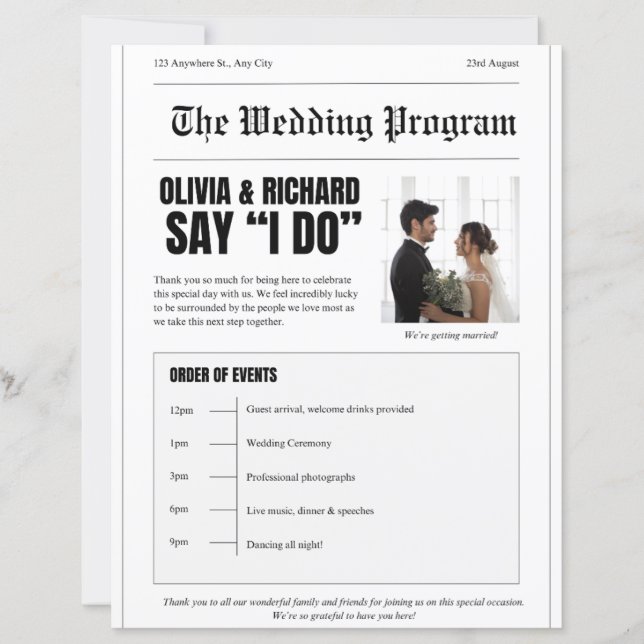 Bröllopsprogram – Tidningsstil Förstasida Design (Framsida)