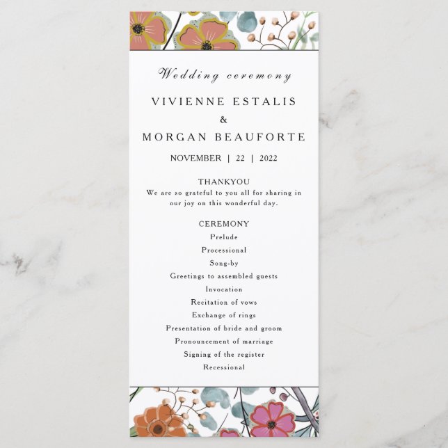 Bröllopsprogram Vår blommigt gräns rosa blommor Program (Framsida)