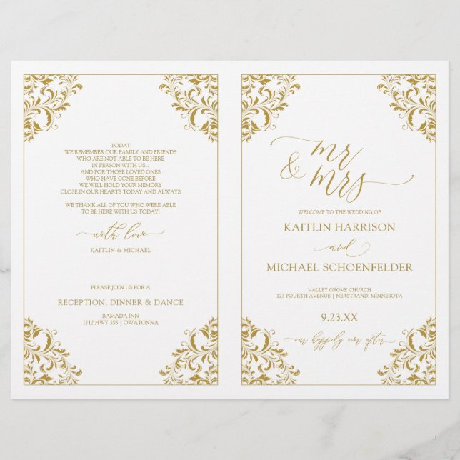 Bröllopsprogram Vintage Elegant Kalligrafi-Guld) (Framsida)