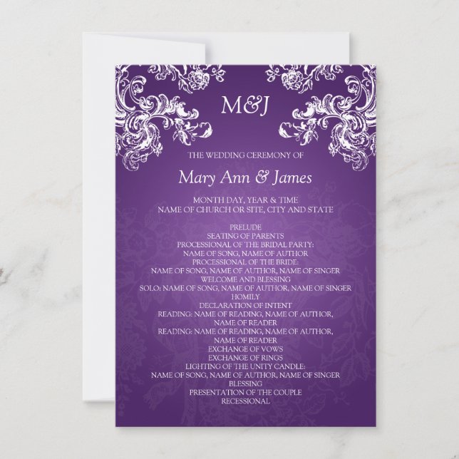 Bröllopsprogram Vintage Swirls 2 Lila Inbjudningar (Framsida)