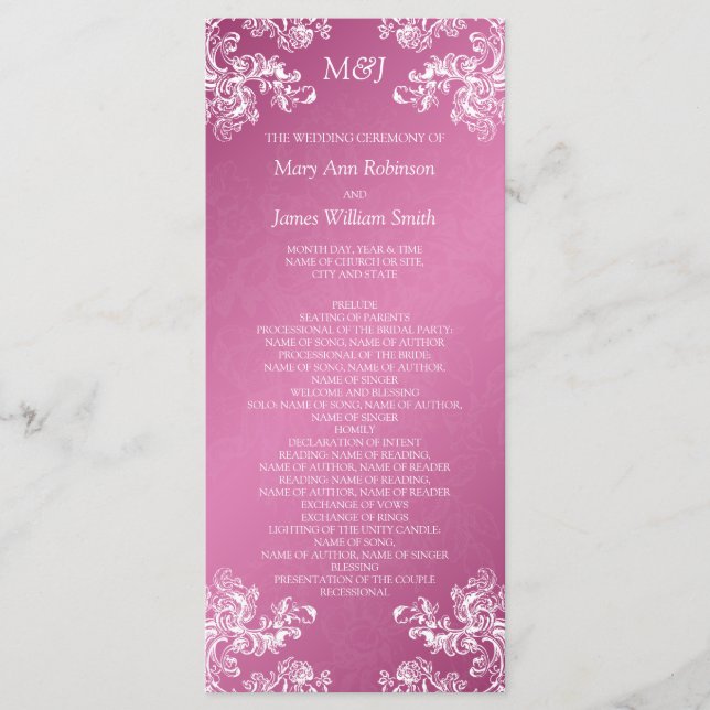 Bröllopsprogram Vintage Swirls 2 Rosa Program (Framsida)