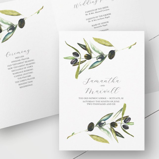 Bröllopsprogram Watercolor Olive-mappad Program (Rustic wedding program watercolor olive branch art by Victoria Grigaliunas of Do Tell A Belle)