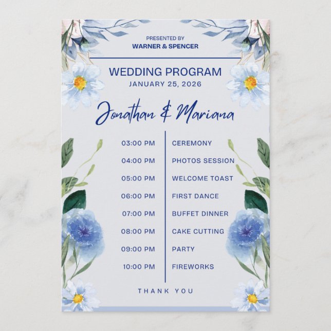 Bröllopsprogramkort – Blått Blommigt Tidslinje Des Program (Framsida)