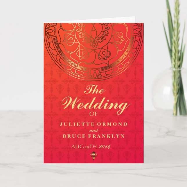 Bröllopsprogramkort för orange Damask Program (Framsida)