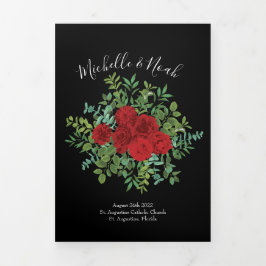 Bröllopsprogrammen Black & Red Peony & Ro Blommigt