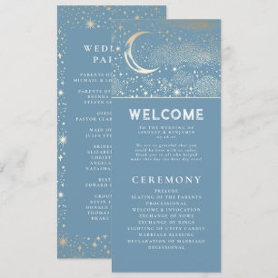 Bröllopsprogrammen Celestial Dusty Blue och Guld Program